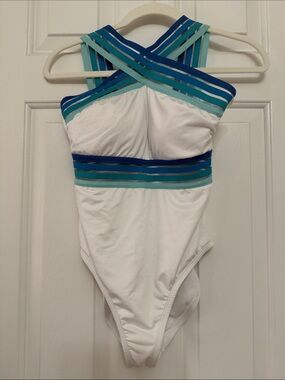 Kenneth Cole White One-Piece Swimsuit with Teal and Blue Trim